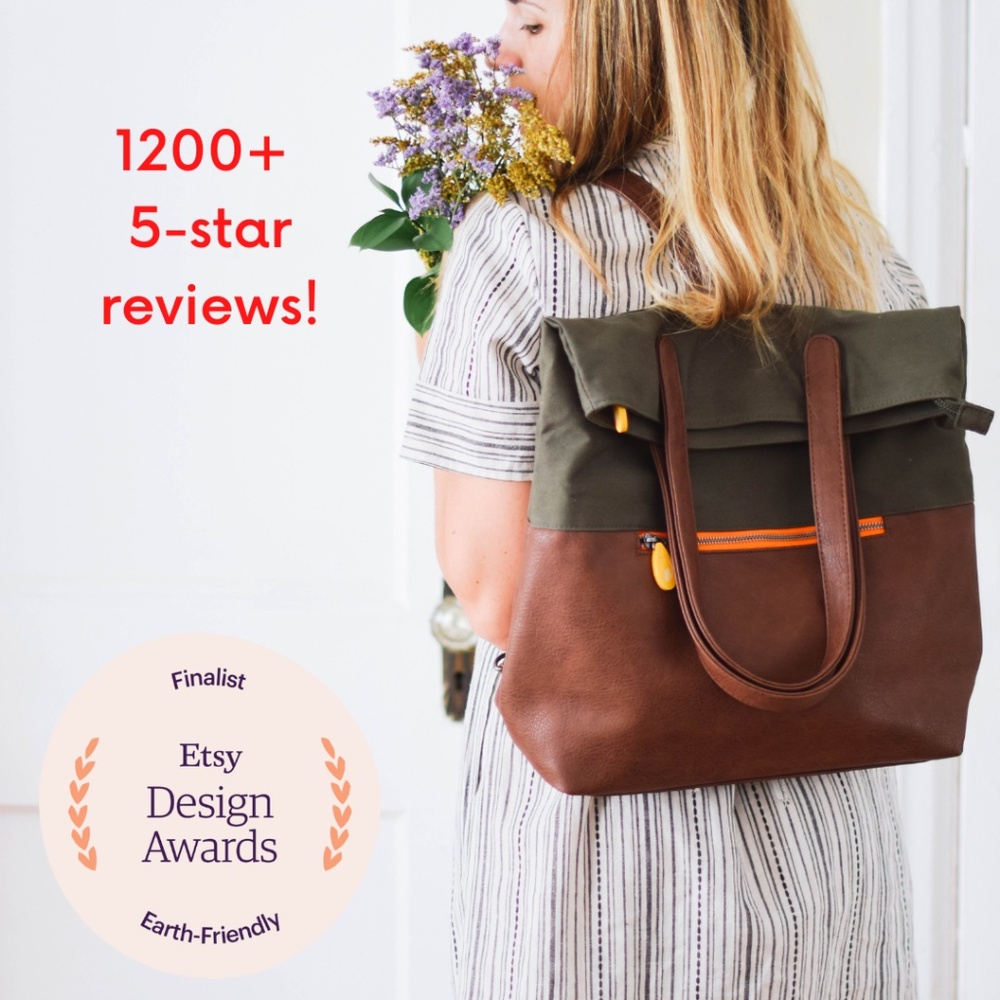 Convertible Vegan Backpack Tote - Olive/Espresso